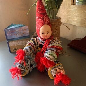 YO-YO DOLL, HANDMADE, hand painted cloth face RED yarn hands, feet and tie scarf